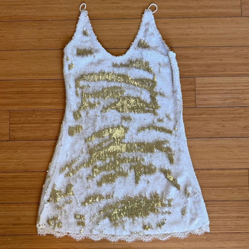 Intimately Free People Seeing Double Sequin Slip Dress Small Gold White Mini